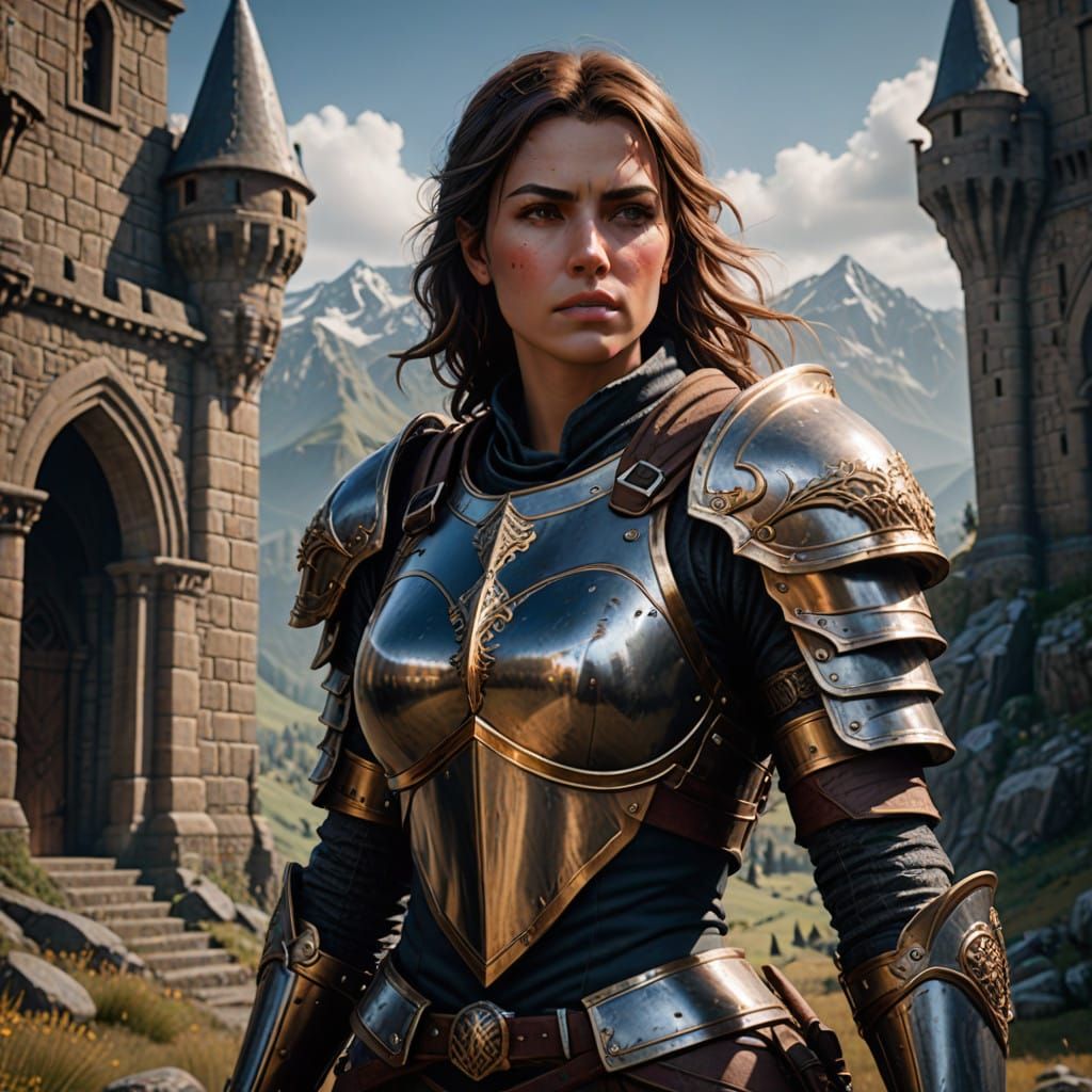 Regal Female Knight Guards Majestic Castle Realm
