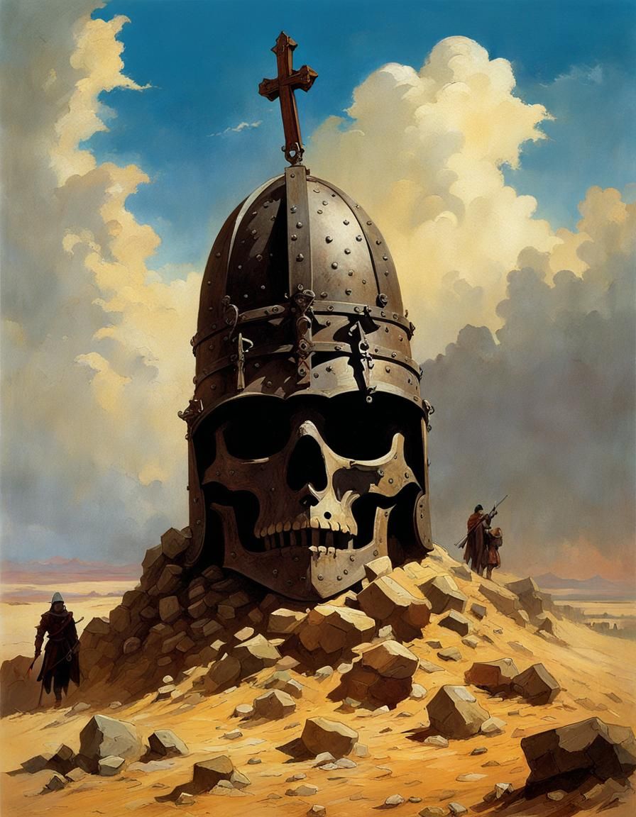 Sorrowful Desert Grave: Medieval Helmet Matte Painting