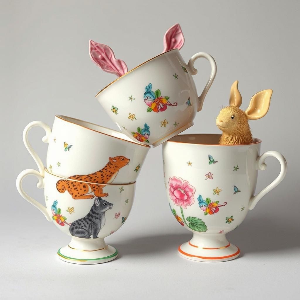 Whimsical Biopunk Teacups with Mammals, Killian Eng Style