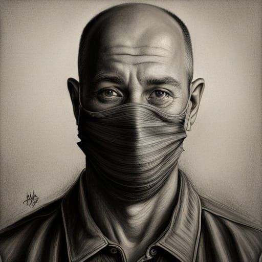 Hyperdetailed Charcoal Drawing of Masked Bald Man