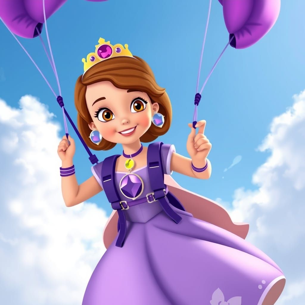 Princess Sofia Skydiving in Whimsical Disney Style