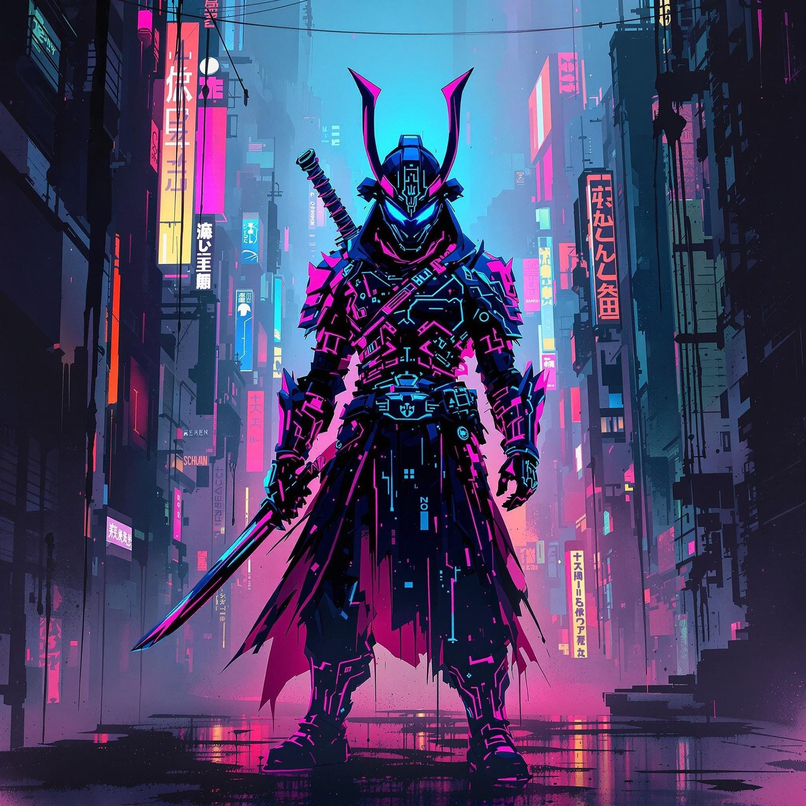 Neon Cyberpunk Samurai in Dystopian Cityscape