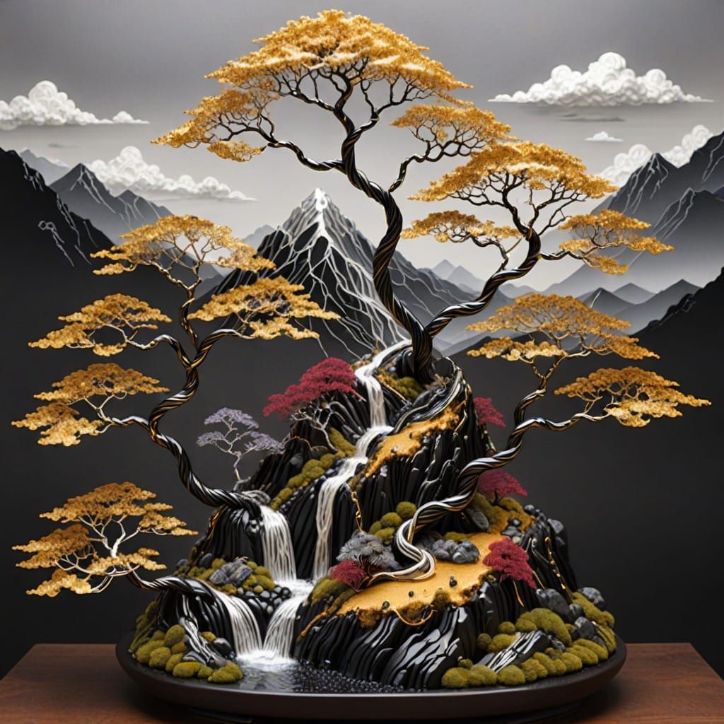 Gold and Silver Wire Bonsai Landscape