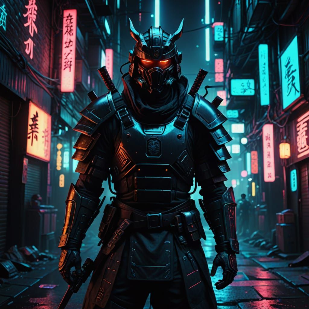 Cyberpunk Samurai Warrior in Dystopian Alley