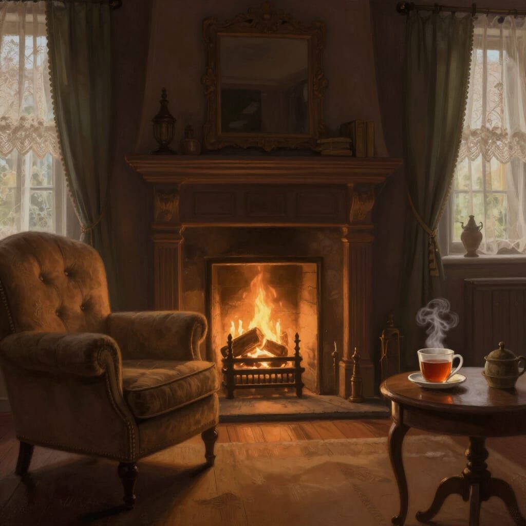 Cozy Victorian Living Room Fireplace Ambiance