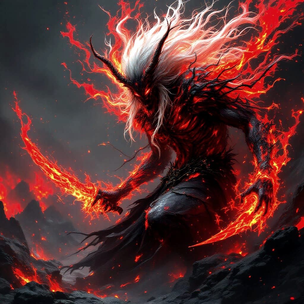 Fearsome Yaksha King in Volcanic Landscape