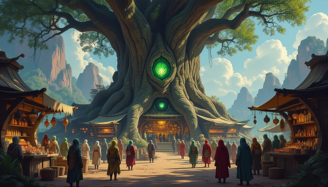 Bustling Alien Marketplace in Ancient Tree