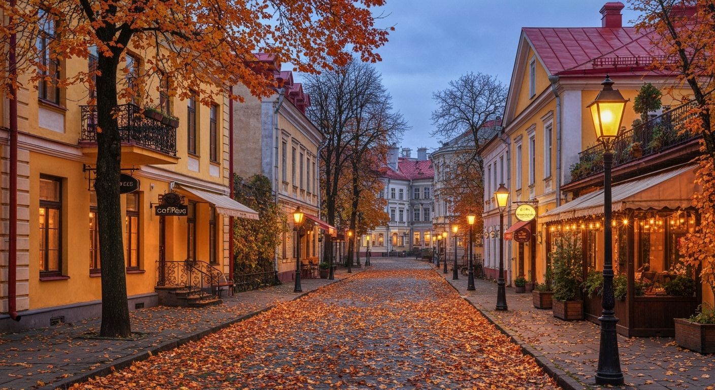Autumn Cityscape with Cozy Streets and Warm Glow