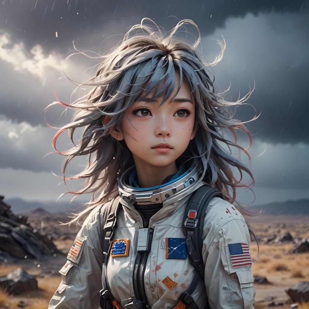 Astronaut Girl in Stormy Landscape: Anime-Inspired 3D Art