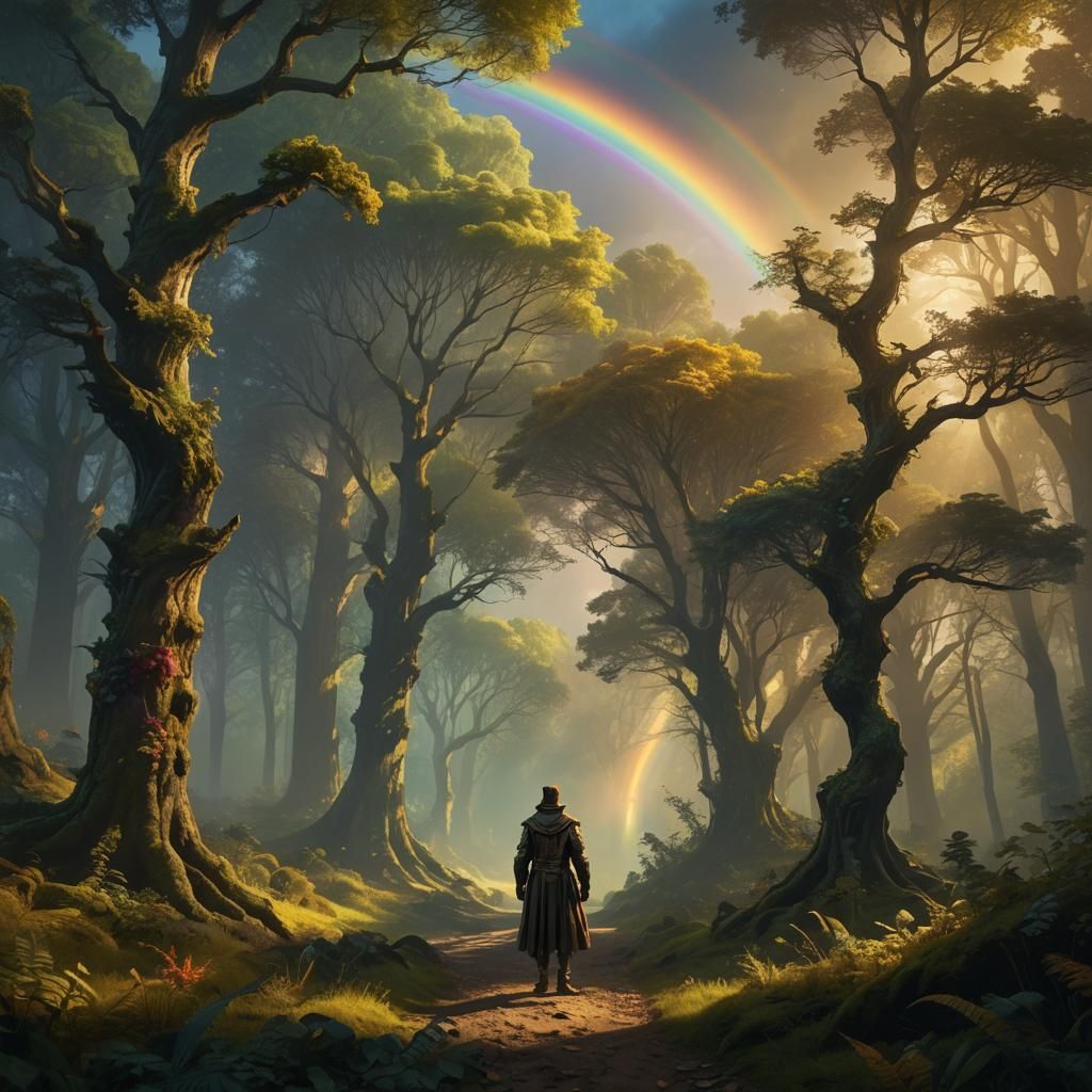 Mystical Forest Figure Under Rainbow: Baroque Concept Art