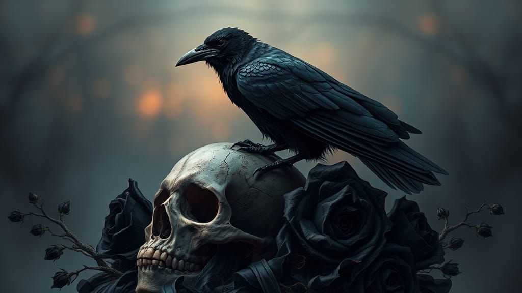 Raven on Skull with Roses in Dark Fantasy Style