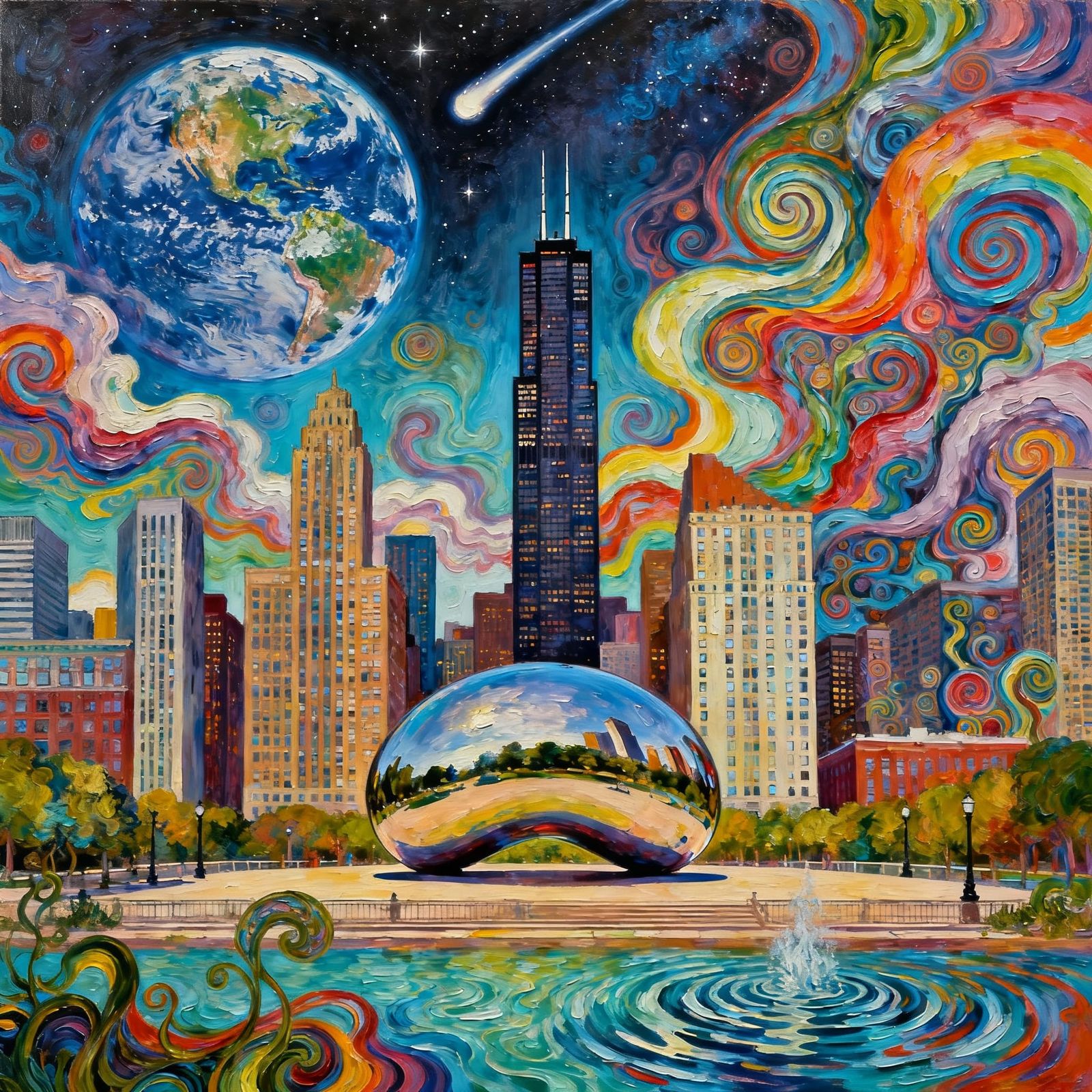 Psychedelic Chicago Landscape with Halley's Comet and The Be...