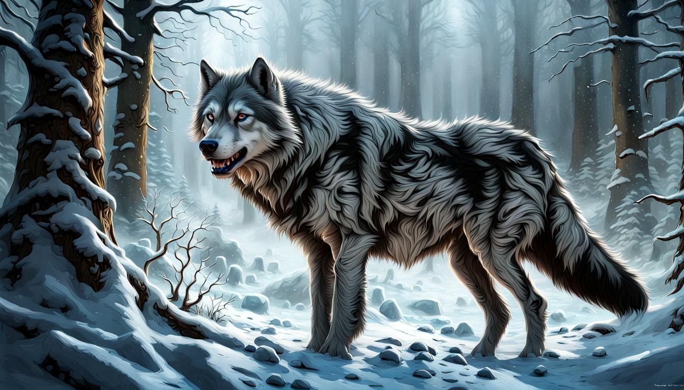 Dire Wolf in Snowy Forest: Hyperrealistic Digital Painting