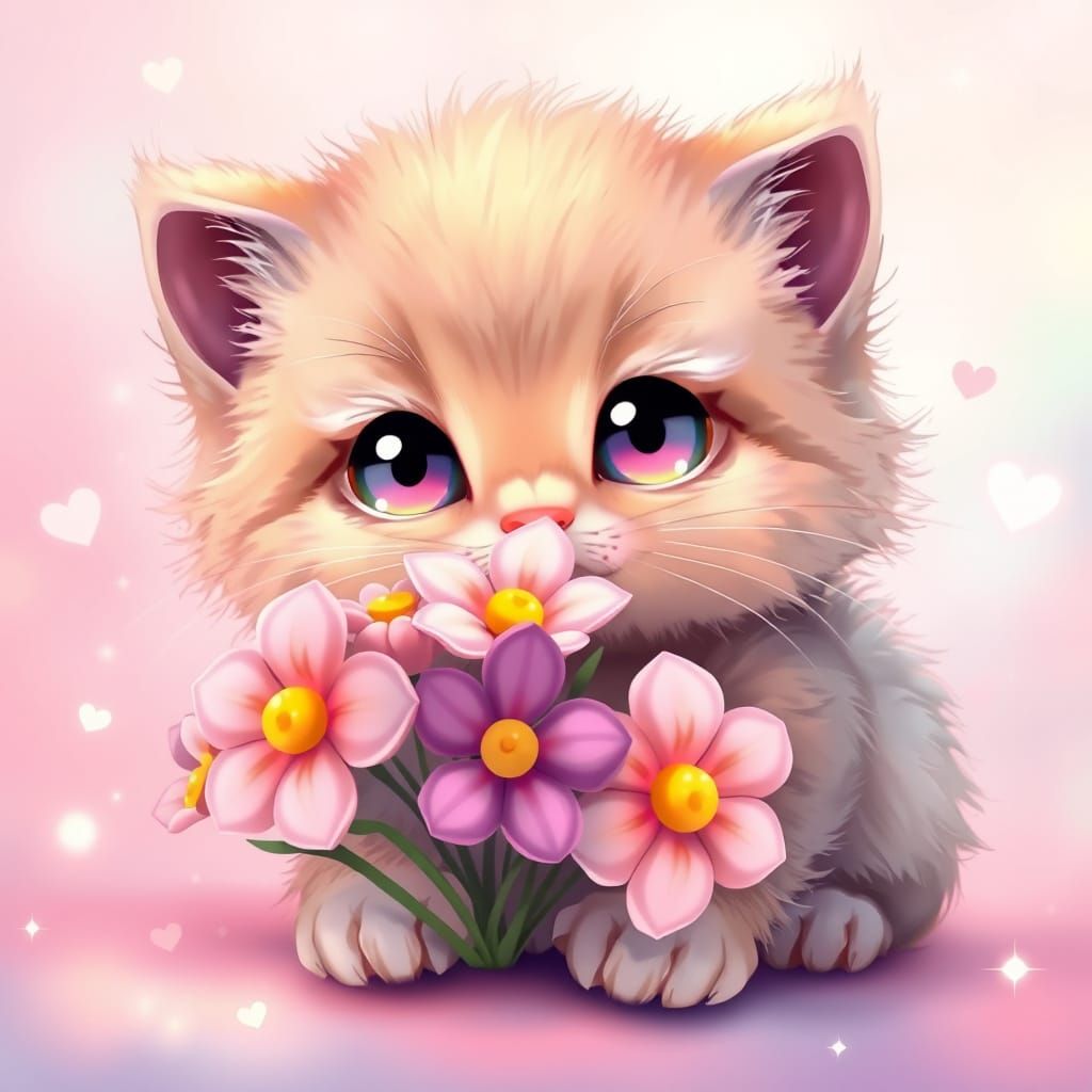 Kawaii Kitten Sniffs Pastel Flowers in Dreamy Scene