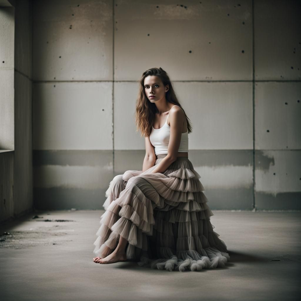 Girl in Fluffy Maxi Skirt in Empty Concrete Room