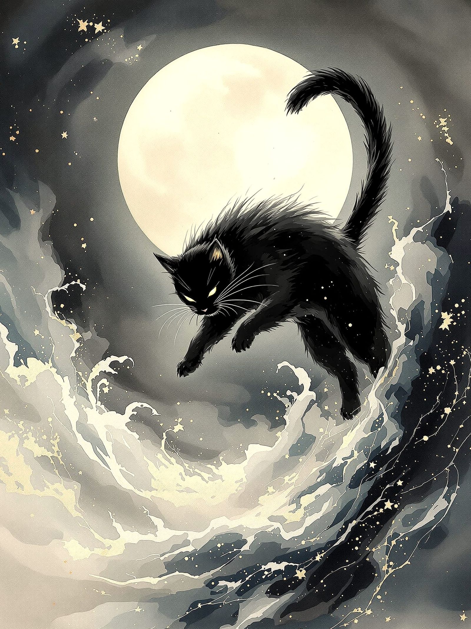 Ethereal Sumi-e Cat Leaps into Moonlit Mist