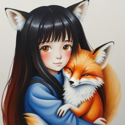 Girl and Fox: Detailed Gouache Painting