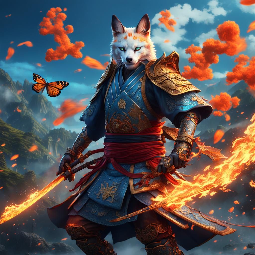 Azure Kitsune Samurai with Flaming Sword