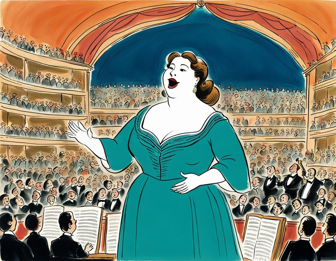 Plus-Size Soprano's La Scala Debut, Bemelmans Cartoon Style