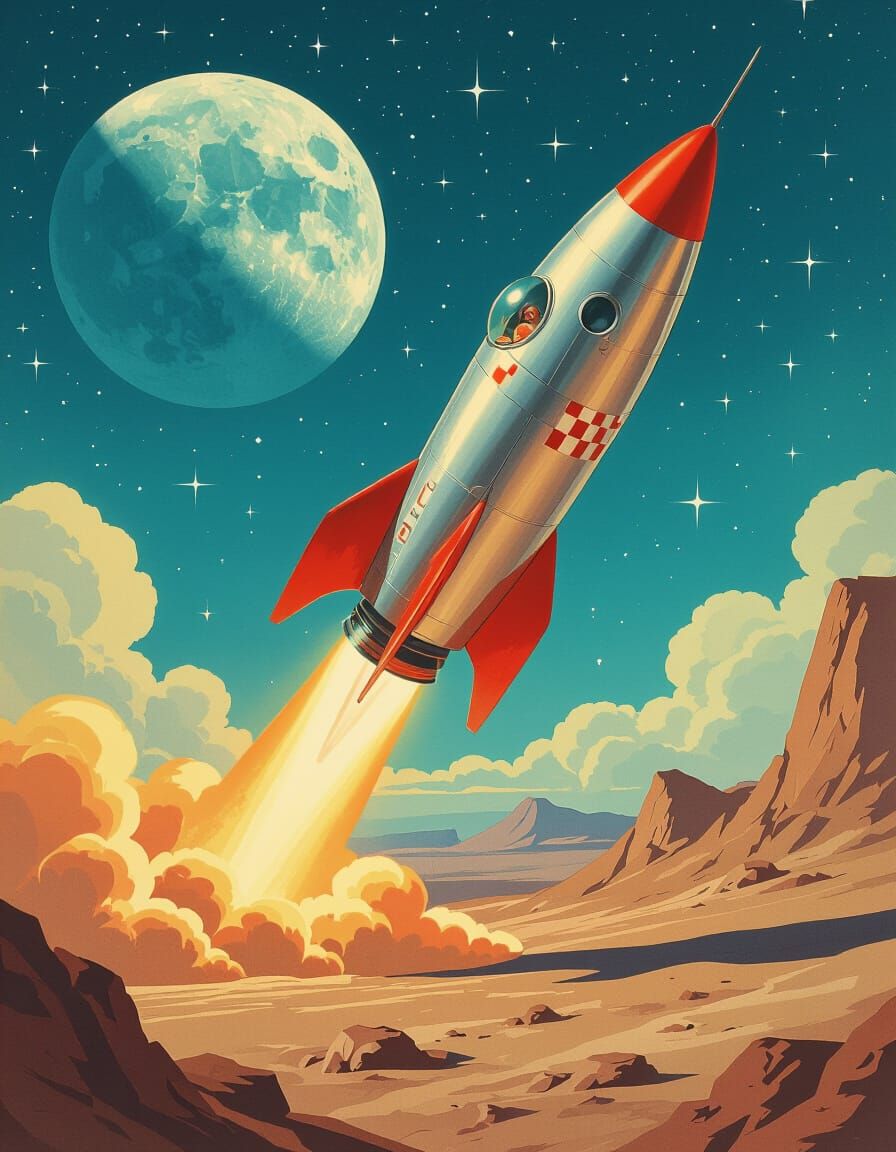 Retro Rocket Landing: 1950s Sci-Fi Art