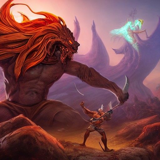 Rostam Battles Evil Demon: Digital Art