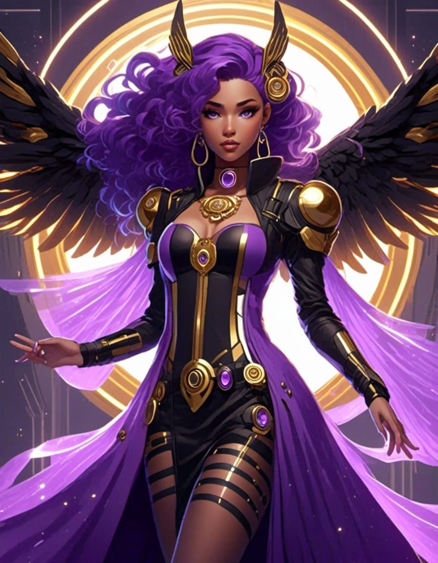 Anime cyberpunk Goddess, flowing Amethyst hair, Amethyst eyes, iridescent Amethyst angel wings, Amethyst, black with gol...