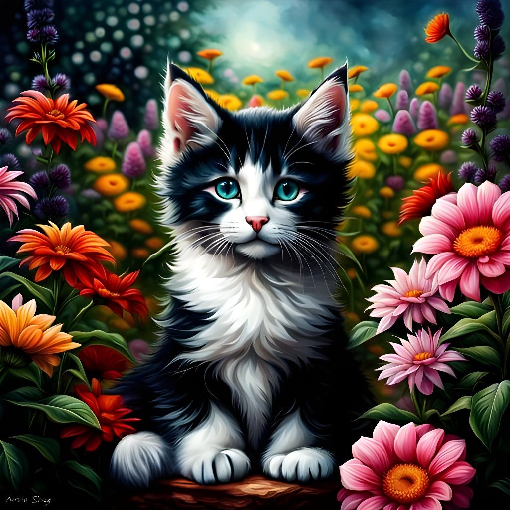Kitten in Flower Garden as Digital Painting