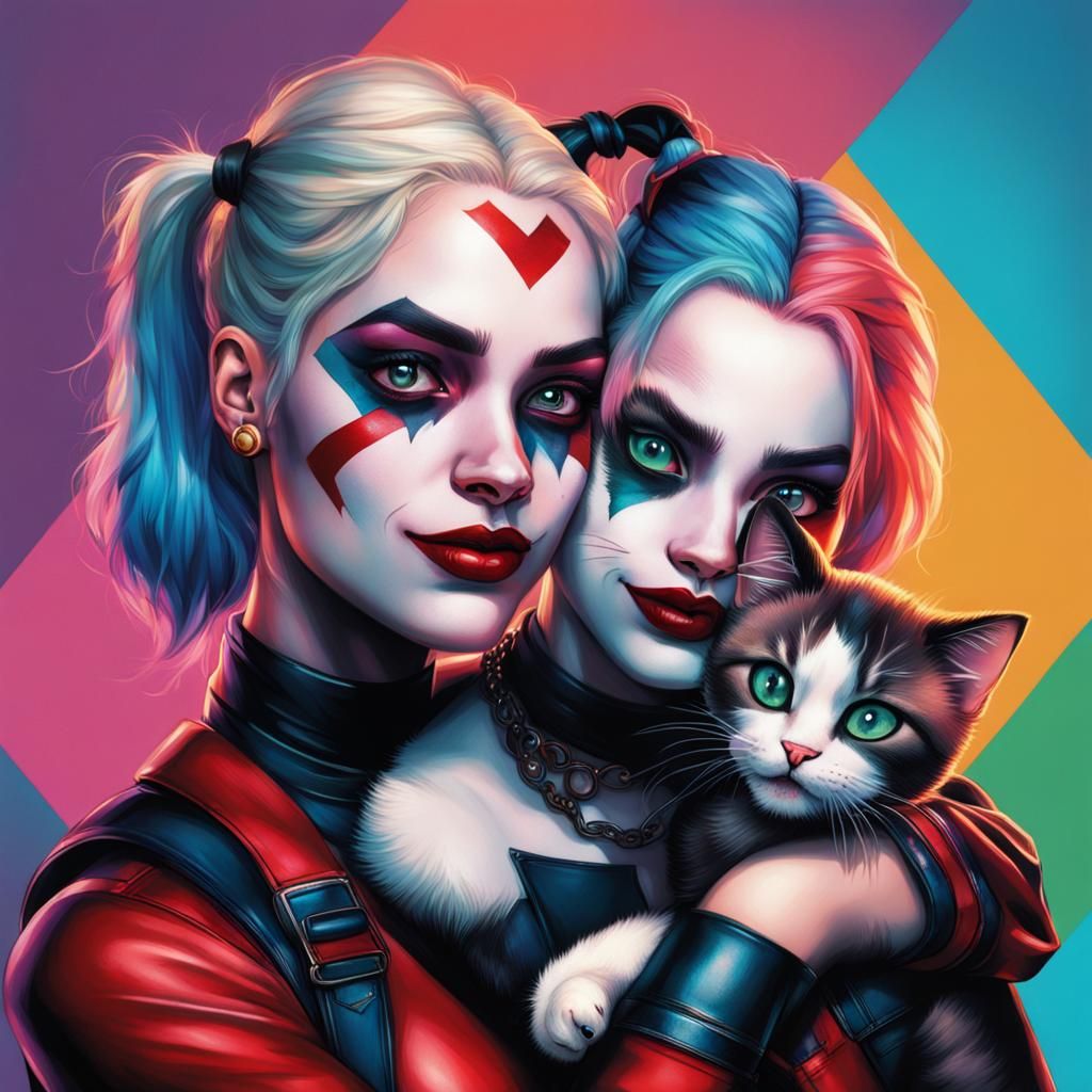 Harley Quinn and Sister Cuddle Kitten: Hyperrealistic Art