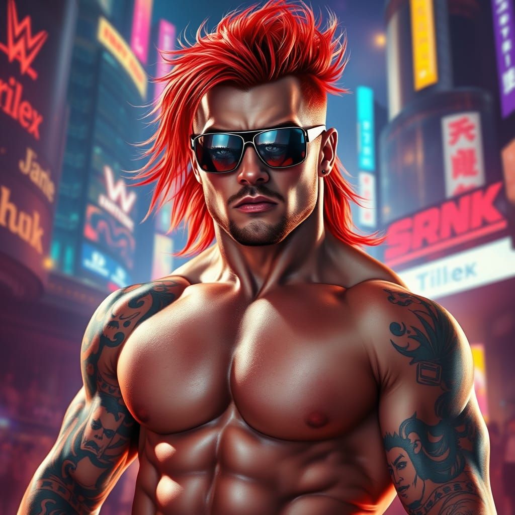 Cyberpunk Wrestler in Futuristic Neon Landscape