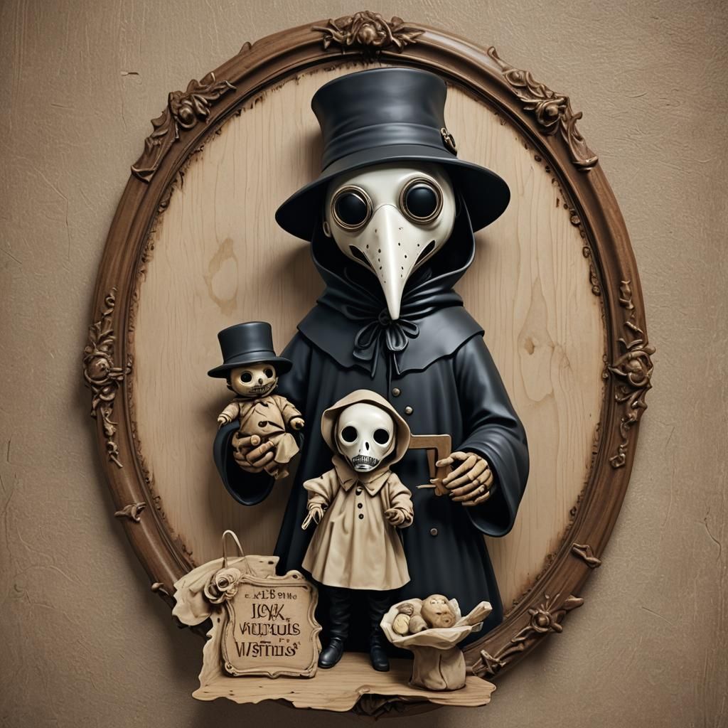 Cartoon Baby Plague Doctor with Doll in 3D