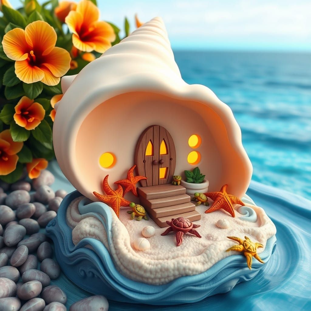 Hyperrealistic Polymer Clay Conch Shell in Whimsical Beachsi...