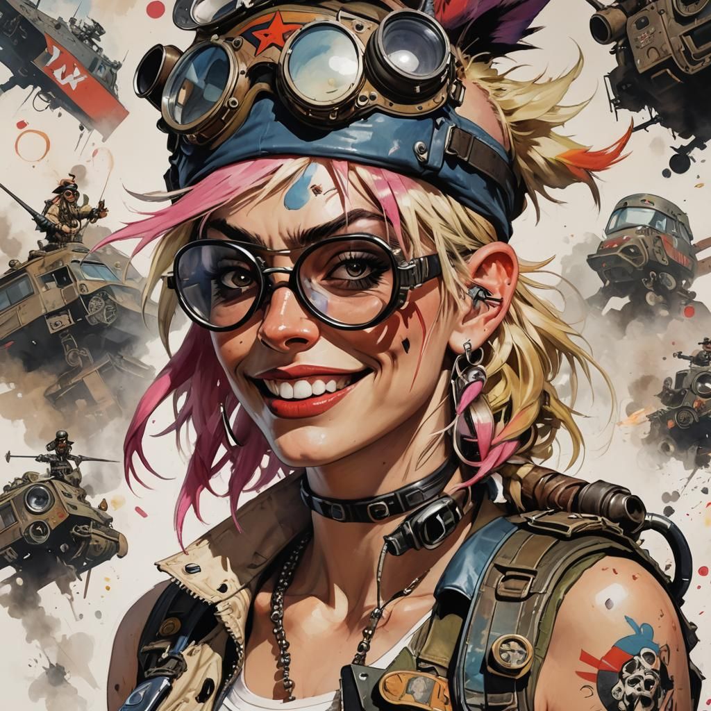 a close up of Jamie Hewlett’s Tank Girl wearing a hat and go...