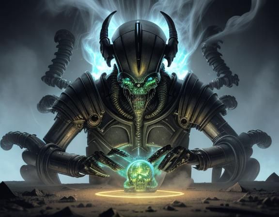 Bio-Mechanical Demon Materializing in Smoke, Giger Style