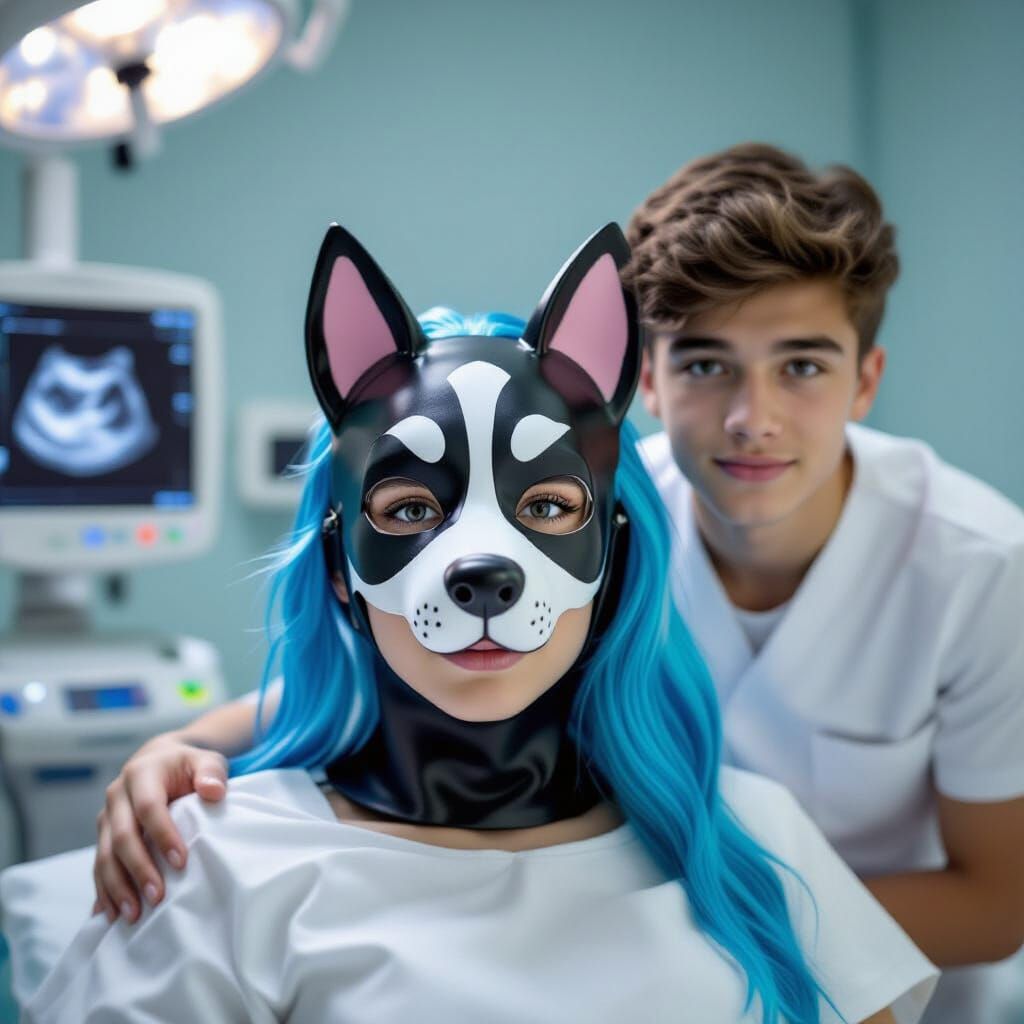 Teen Girl with Dog Mask in Doctor's Office