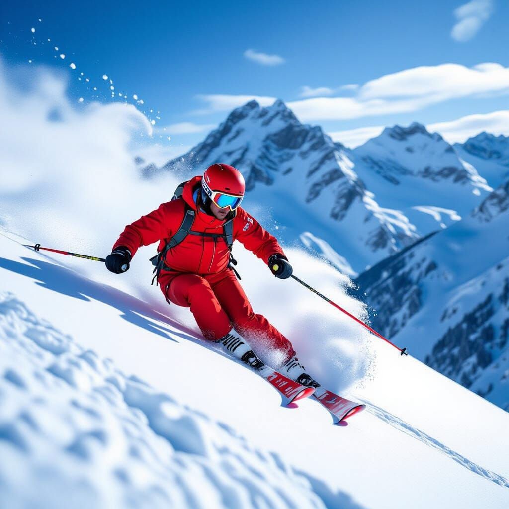 Dynamic Ski Action Shot on Snowy Mountain