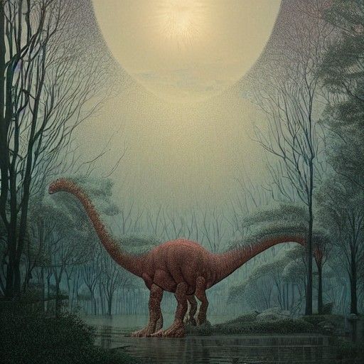 Majestic Dinosaur in Surreal Romantic Landscape