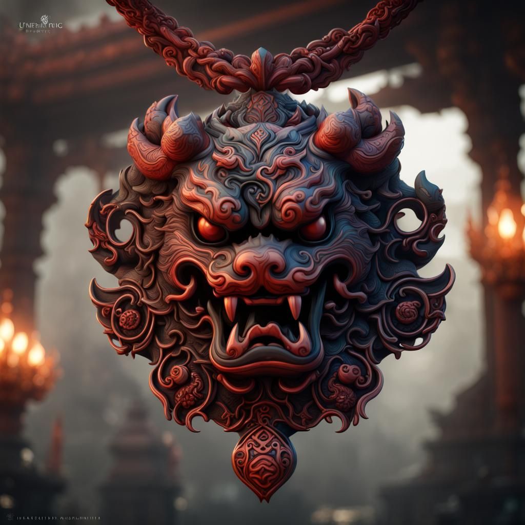 Demonic Foo Dog Amulet: Detailed Matte Painting