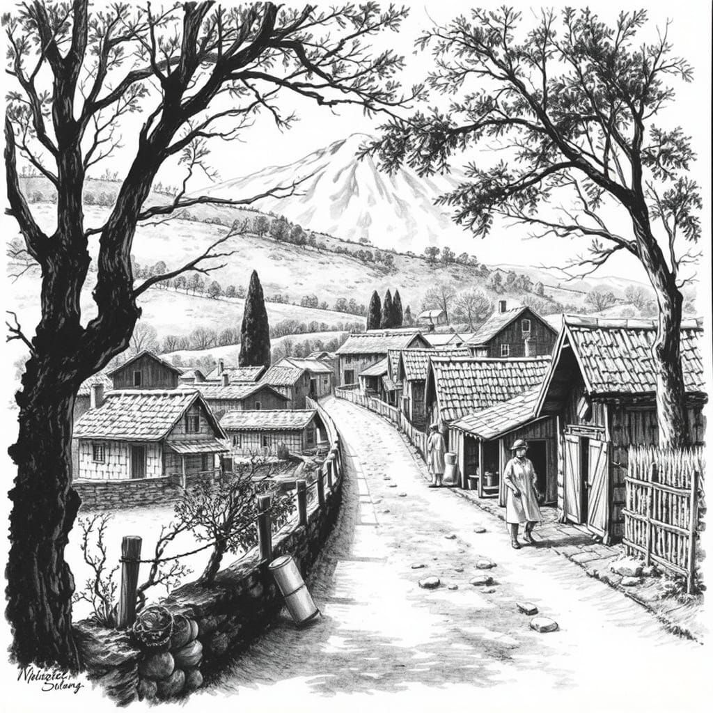 Picturesque Rural Village in Detailed Ink Art Style