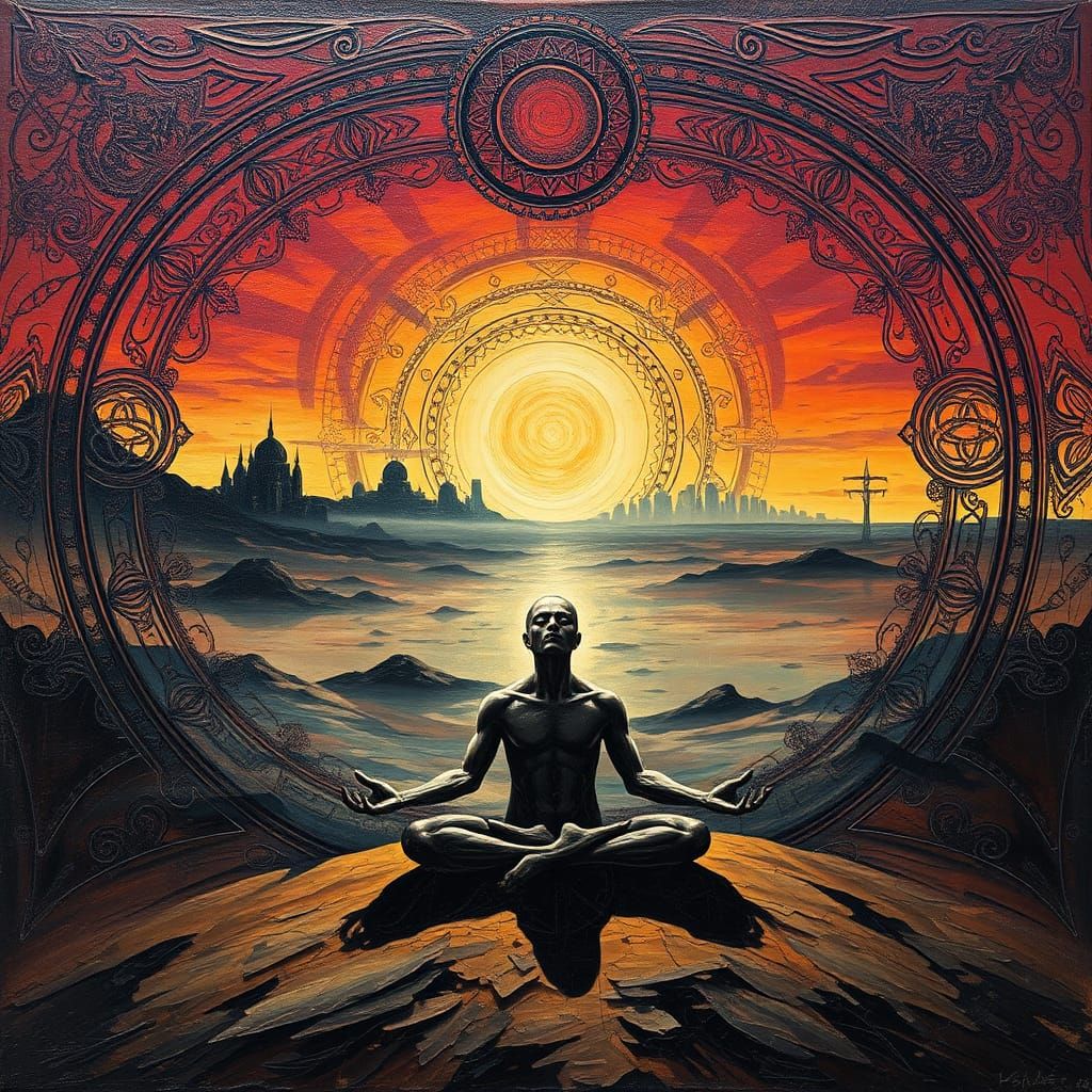 Ethereal Meditation in Dystopian Landscape as Impasto Painti...