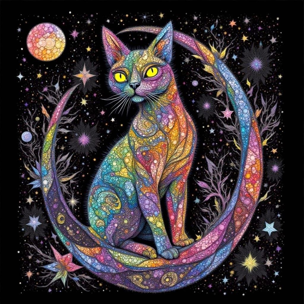 Geometric Zentangle Cat with Cosmic Rainbow Patterns