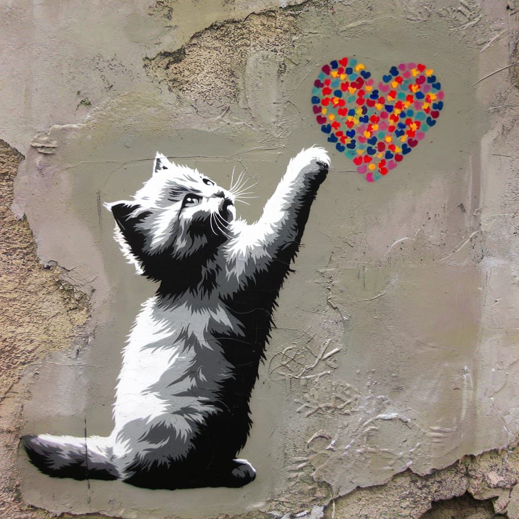 Vintage Graffiti Art of Kitten and Heart