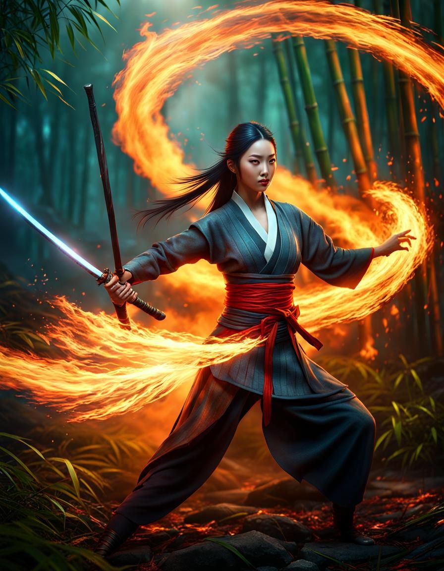 Beautiful Asian Woman Katana Training in Bamboo Forest