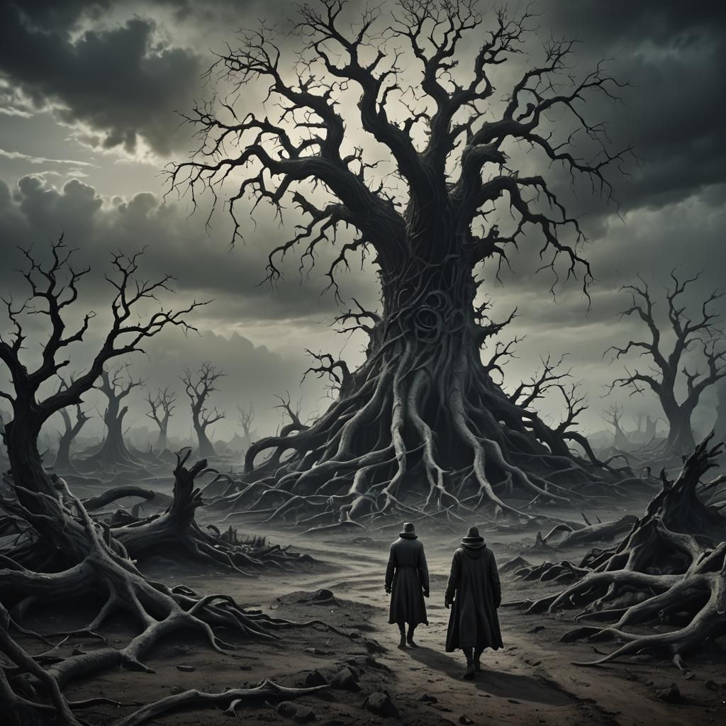 Ghostly Figure in Barren Wasteland: Dark Fantasy Art