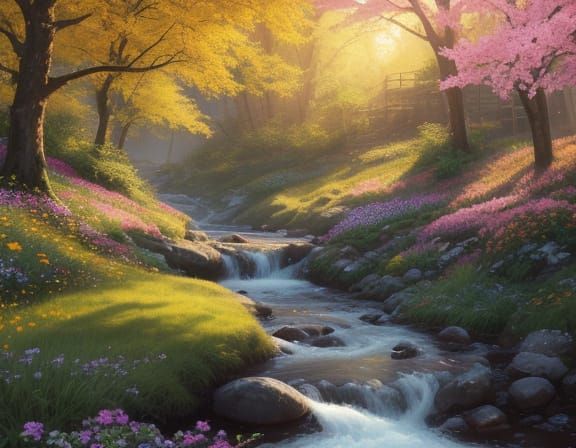Vibrant Oil Painting of a Magical Golden Hour Landscape
