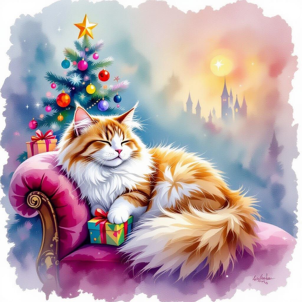 Whimsical Cat Portrait in Watercolor Style