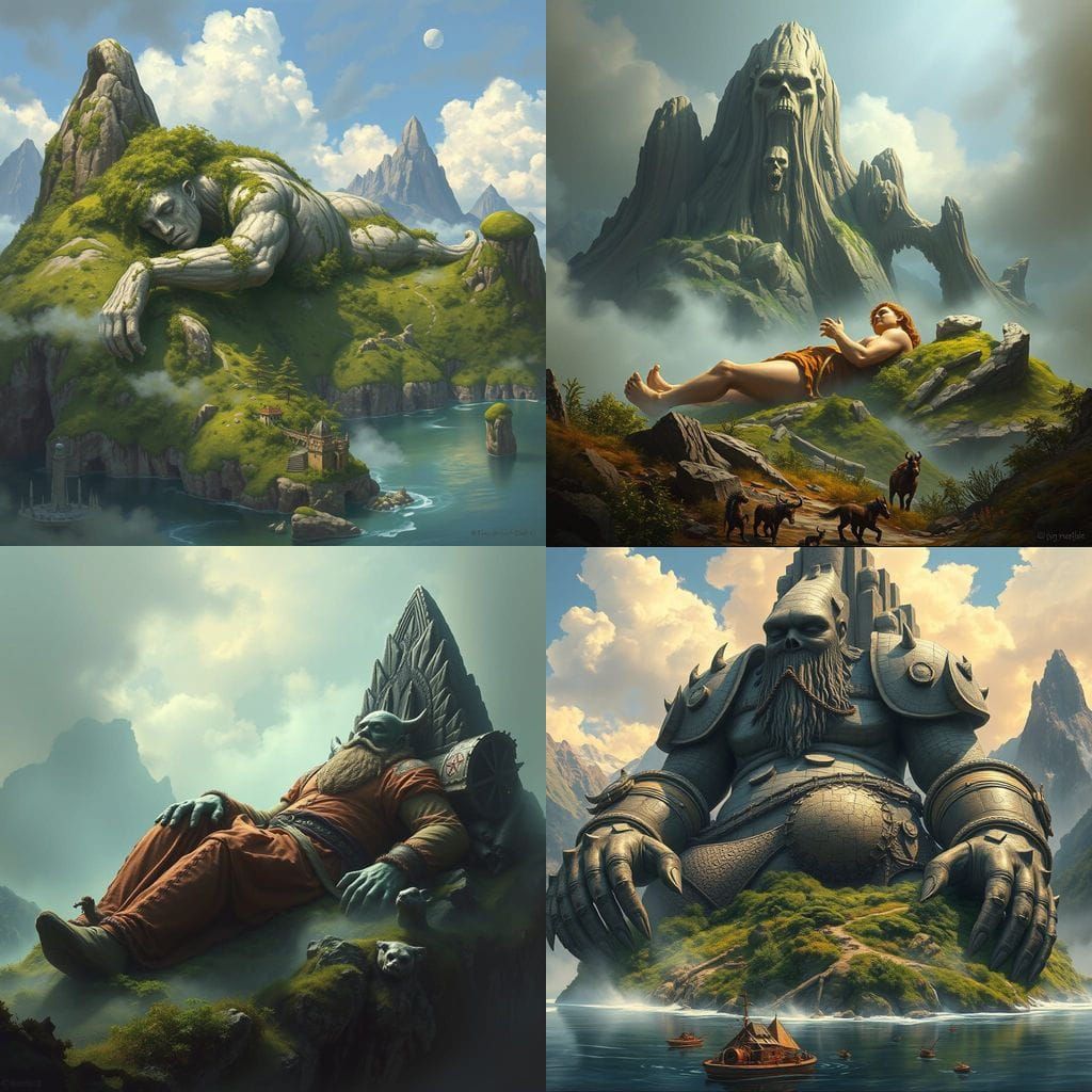 Fantasy Art: Petrified God Giant Mountain Island