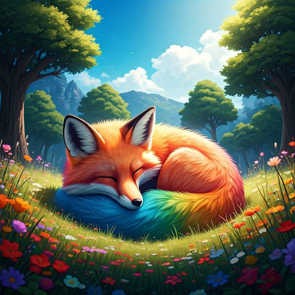 Anime-Style Rainbow Fox in a Vibrant Field
