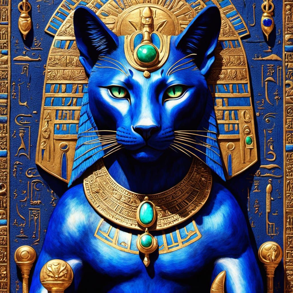 Bastet on Lion Throne in Celestial Egyptian Temple