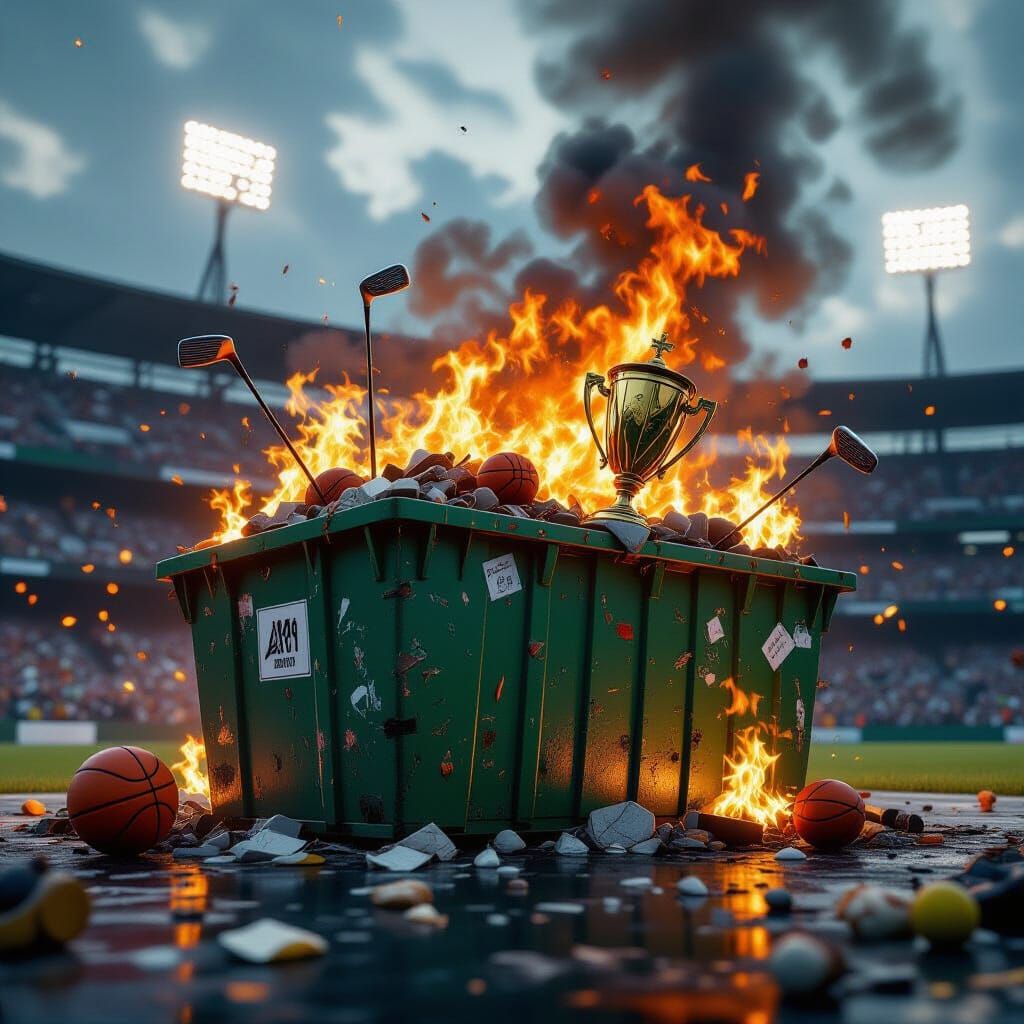 Fiery Green Dumpster Inferno Outside Stadium: 3D Render