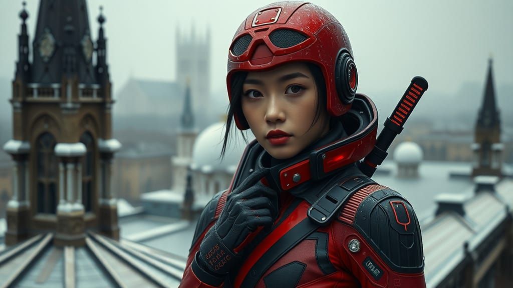 Asian Woman in Red Combat Suit: Hyperrealistic Art